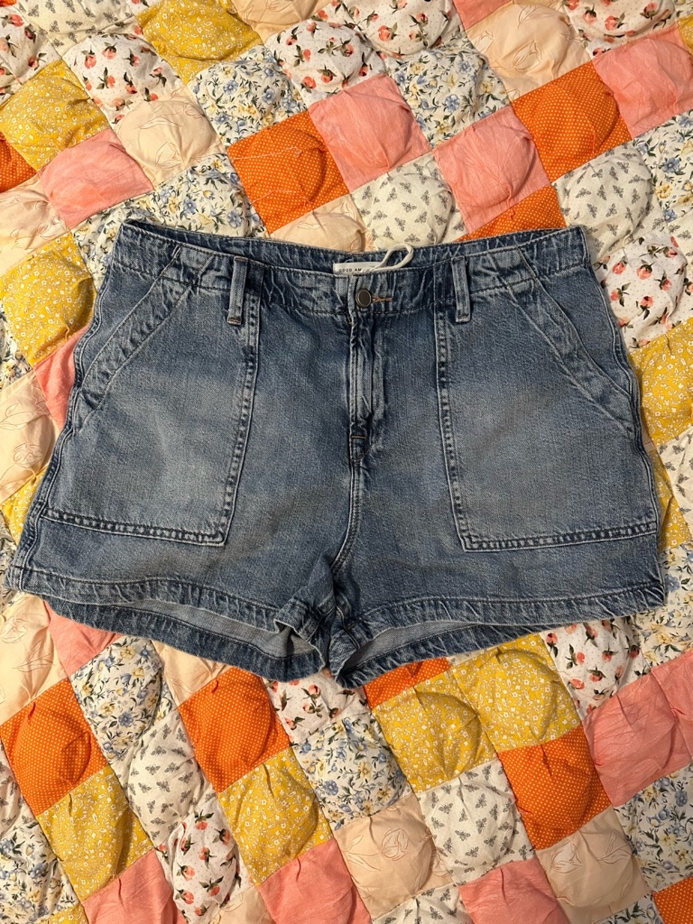 Good American Light Blue Denim Patch Pocket Shorts